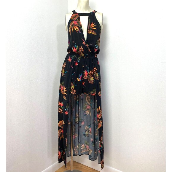 No Boundaries Shorts Jumpsuit Large Junior Open Front Skirt Halter Tropical - Picture 1 of 12